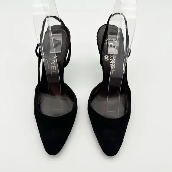 Chanel Slingback Heels 36.5 Black Suede Gold Cap Toe Vintage CC Logo Block Heel - Picture 2 of 9
